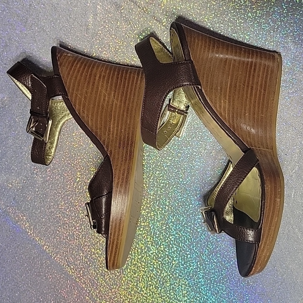 Y2k Vintage Juicy Couture Brown Leather Peep Toe Wedge Sandal SZ:9.5 - Picture 5 of 9